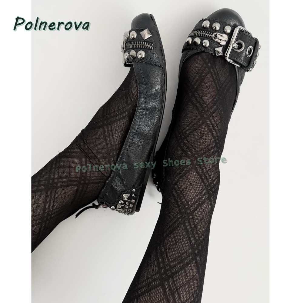 Women Shoes Loafers - Sepatu Mary Jane dengan Gesper Rivet,