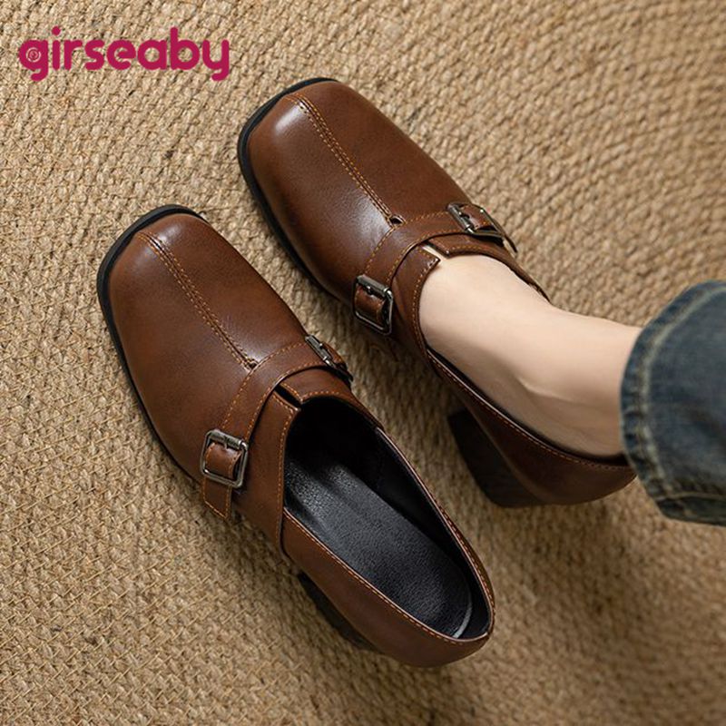 Women Shoes Loafers - Girseaby Vintage Wanita Pompa Square Toe
